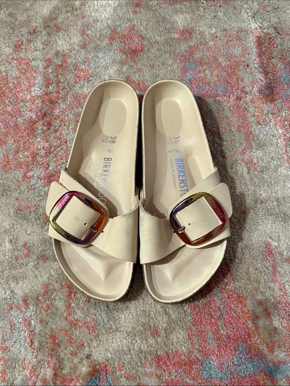Birkenstock Cream Slide Sandals with Iridescent Buckles
